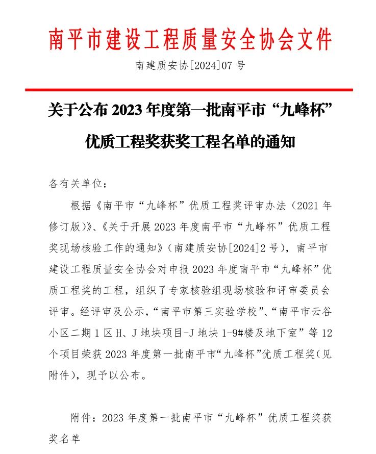 尊龙时凯集团有限公司多个项目获得南平市“九峰杯”优质工程奖！！！！