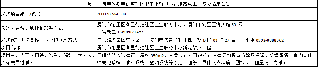 厦门市湖里区湖里街道社区卫生服务中心新港站点工程成交结果公告